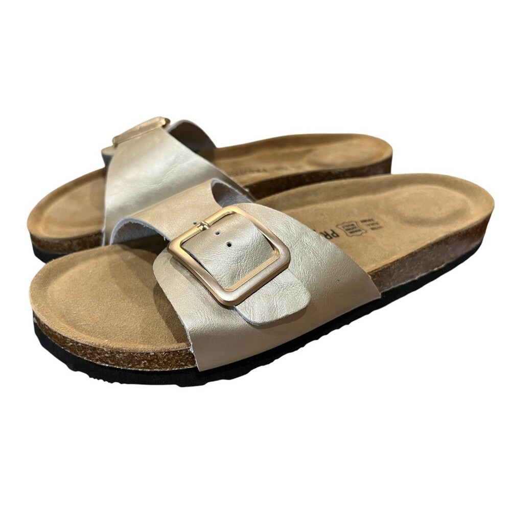 Project Cloud Women's Gold Leather Ibiza Memory Foam Cork Slide Sandal  US 10